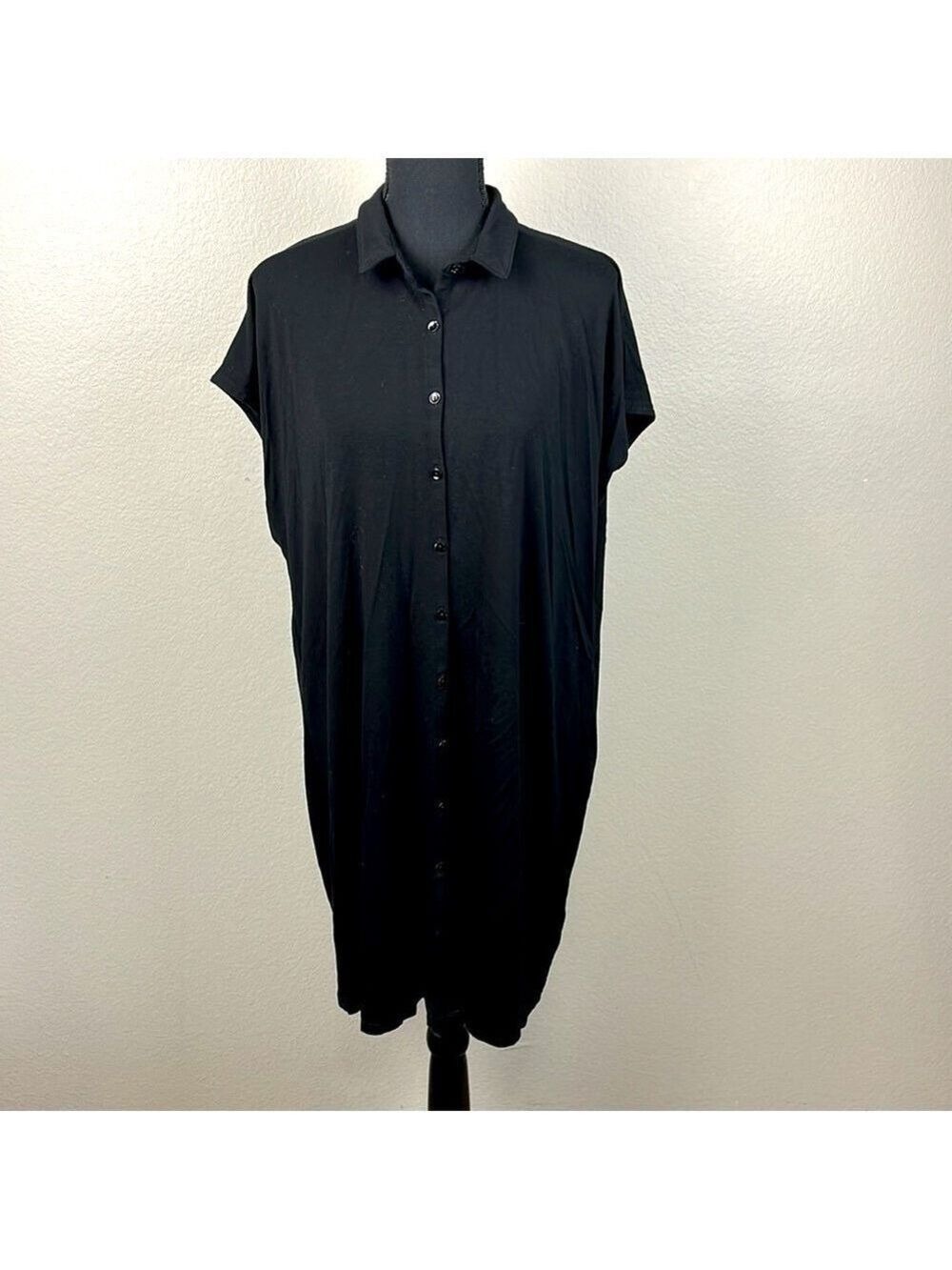 Eileen Fisher Shirt Dress Button Front Polo Collar Short Sleeves Black Knit M